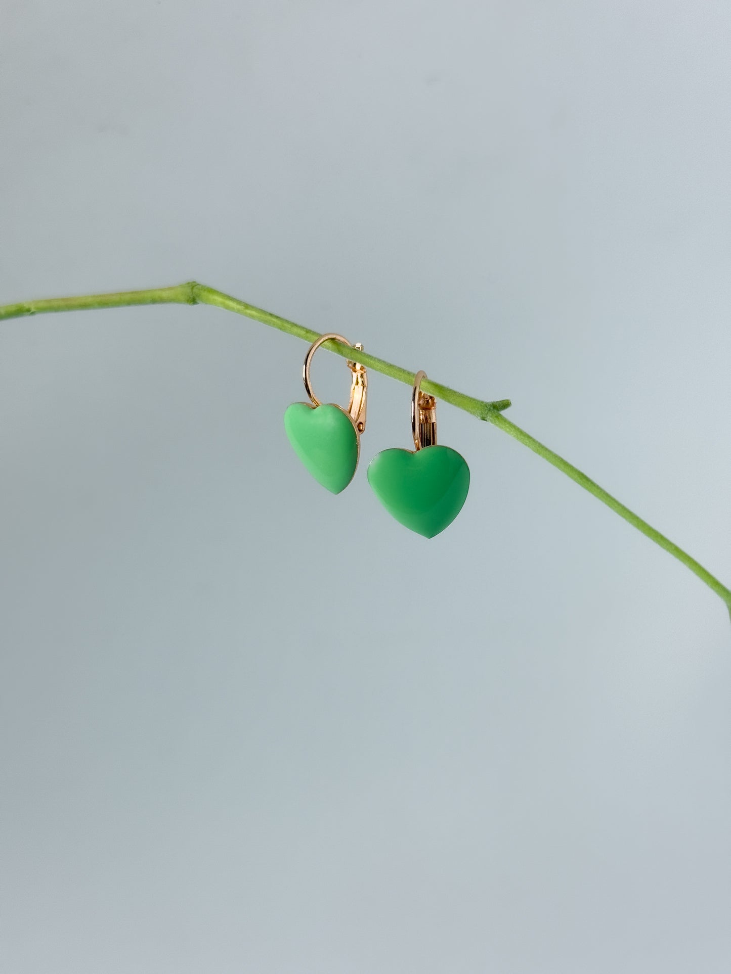 Green heart-shaped earrings on a thin branch against a light blue background