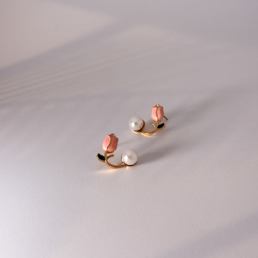 peach Floral pearl earrings for women, elegant look