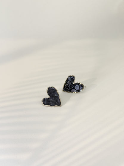 Daily wear, Heart-shaped gray textured art stone stud earrings with silver outline, minimal design