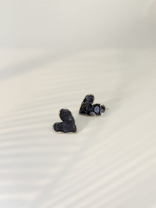 Daily wear, Heart-shaped gray textured art stone stud earrings with silver outline, minimal design