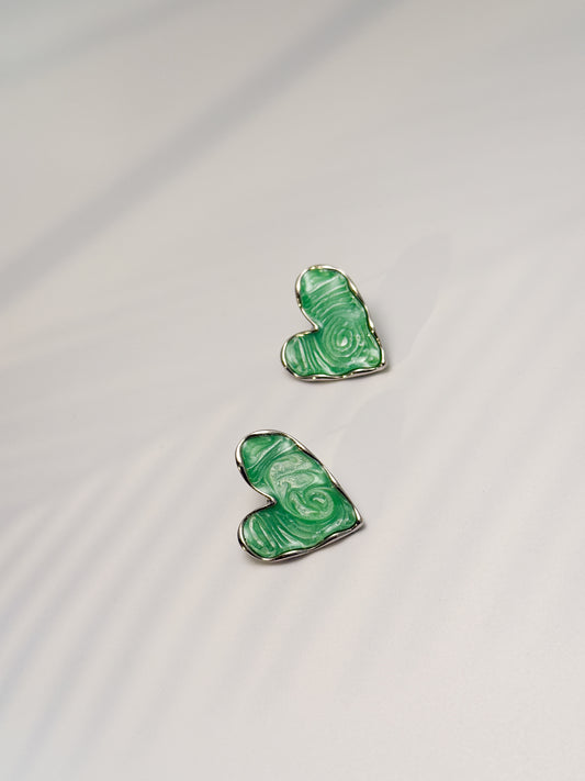 Daily wear, Heart-shaped green textured art stone stud earrings with silver outline, minimal design