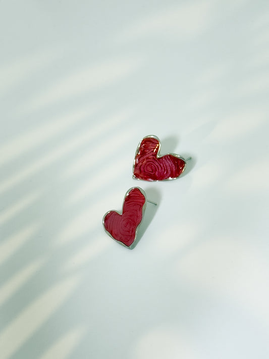 Daily wear, Heart-shaped maroon textured art stone stud earrings with silver outline, minimal design