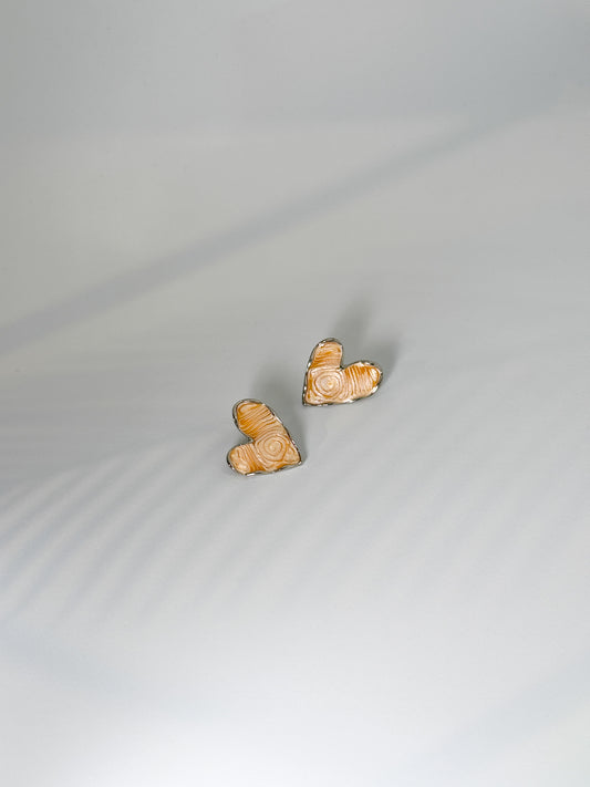 daily wear, Heart-shaped beige textured stone stud earrings with silver outline, minimal design