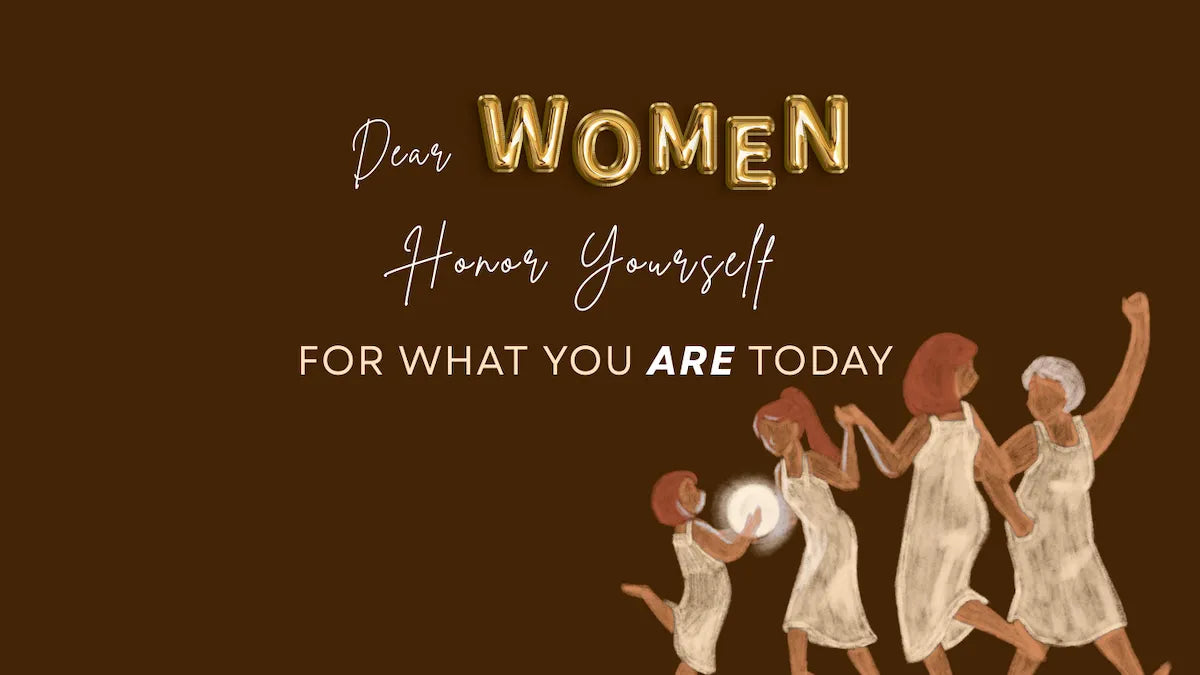 Motivational poster with women holding hands and text on a brown background